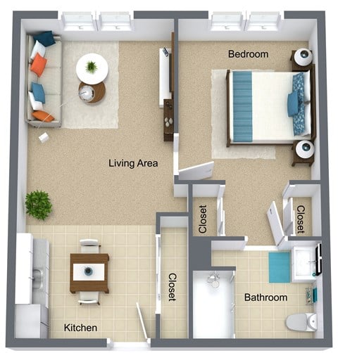 Floor plan for 1 bed, 1 bath, 595 sqft